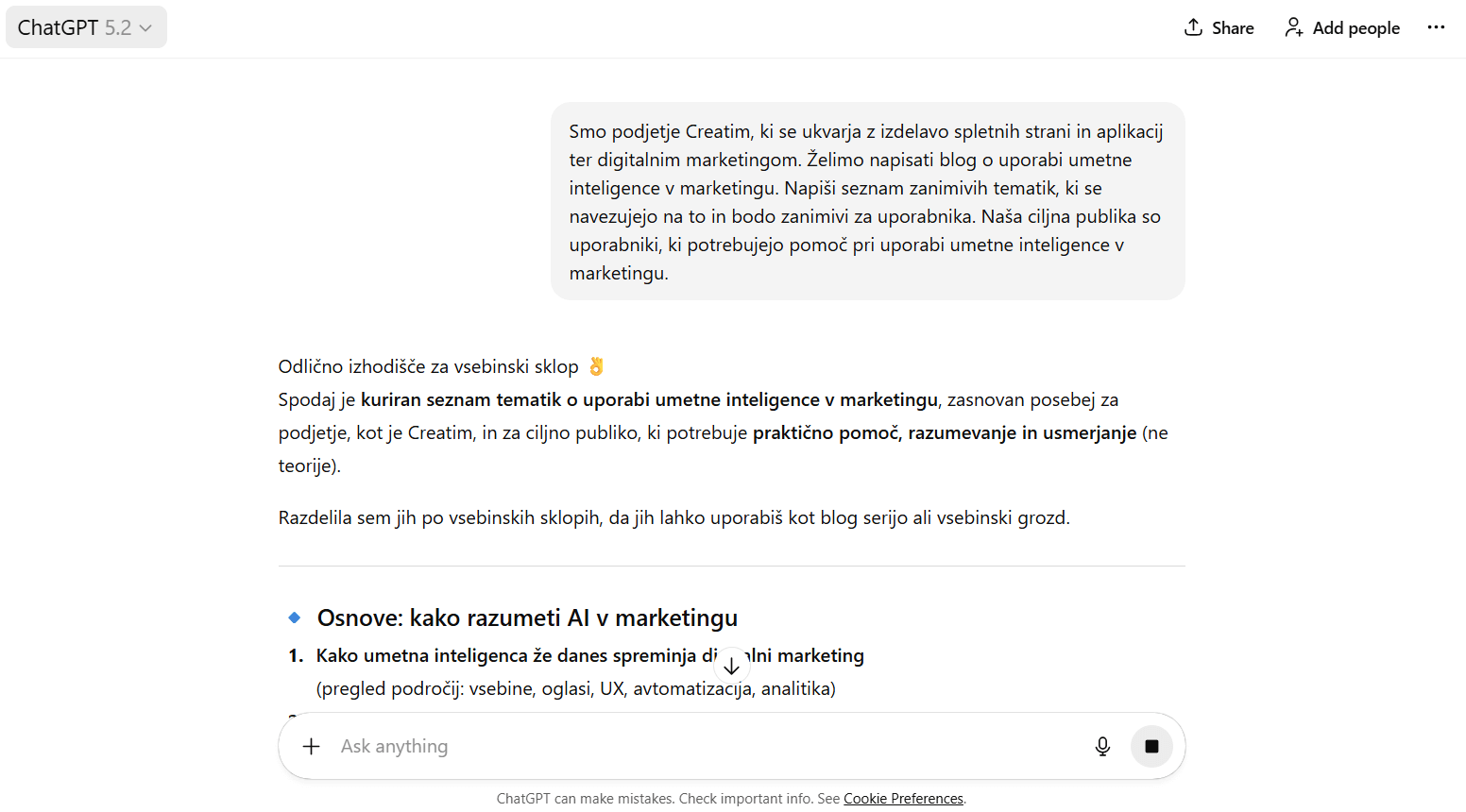 Posnetek zaslona pogovora s ChatGPT, kjer je pripravljena vsebina za objavo na družbenih omrežjih na temo AI in SEO.
