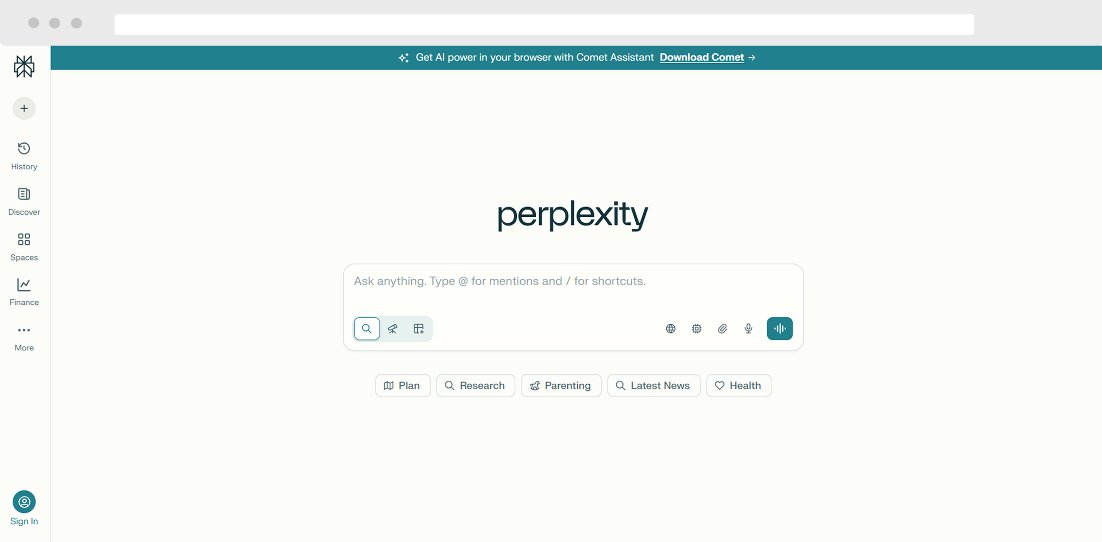 Uporabniški vmesnik AI-podprtega iskalnika Perplexity za iskanje in generiranje odgovorov.