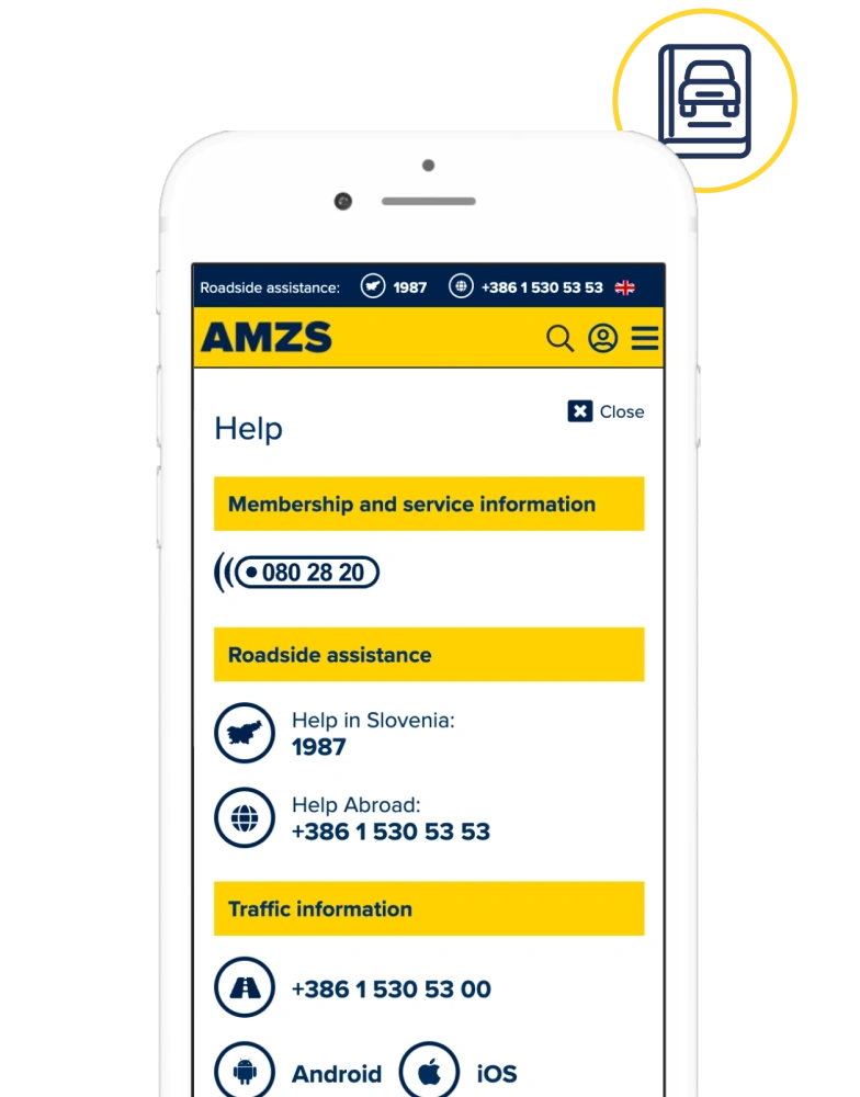 A screenshot of the mobile version of the AMZS website offering roadside assistance.