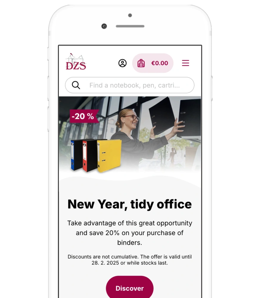 Screenshot of the front page of the DZS online shop