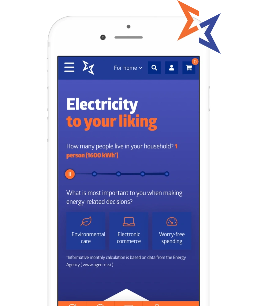 Screenshot of the E3 mobile store display, "Electricity tailored to your needs", showing a selection of electricity packages.