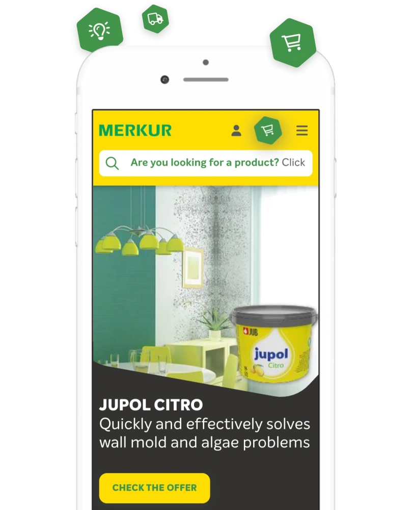 Screenshot of the mobile version of the Merkur online shop. The app focuses on user experience and rewards users for their loyalty with points and discounts.