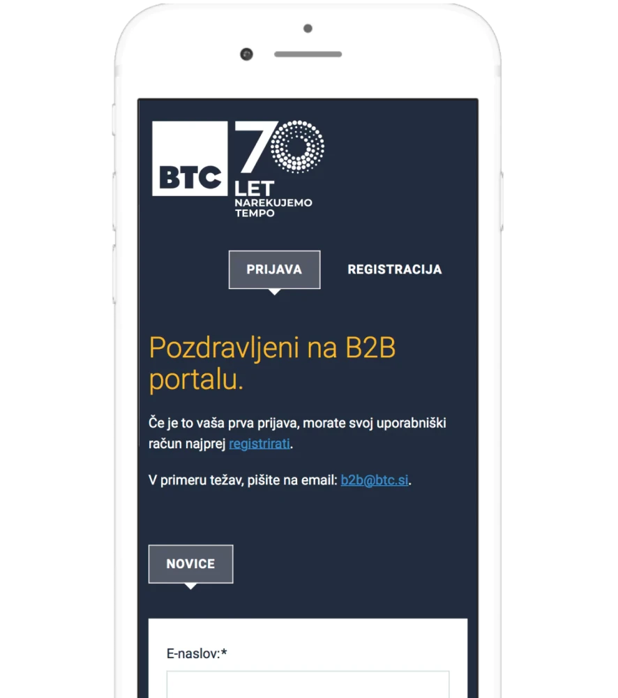 Zaslonski posnetek mobilne aplikacije za prijavo na B2B portal BTC, ki vključuje možnost prijave in registracije.