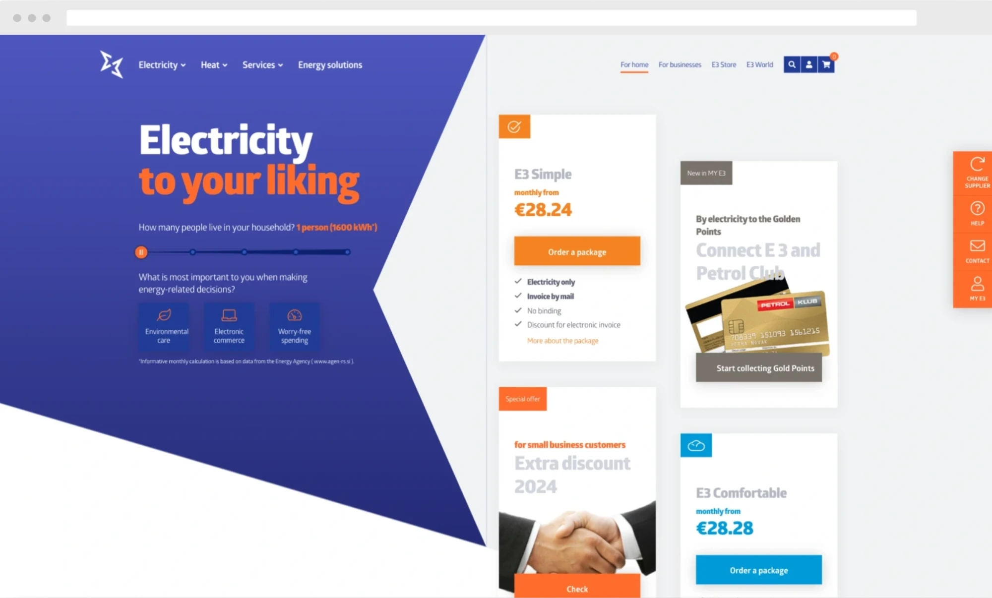 Screenshot of the E3 online shop, "Electricity tailored to your needs", showing a selection of electricity packages.