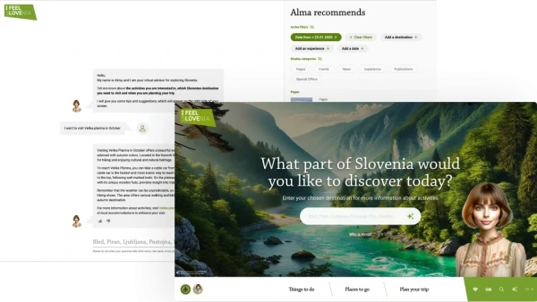 Screenshots of user interactions with Alma, a virtual advisor who offers recommendations for exploring Slovenia.