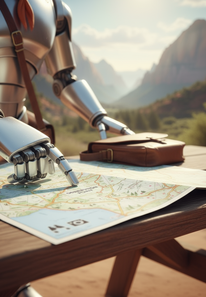 Robot's hands leaning over a tourist map